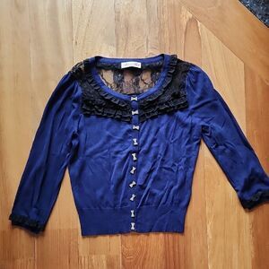 Alannah Hill Navy Top with Black Lace Overlay - Women's Size 12 (AUS) / 8 (US)